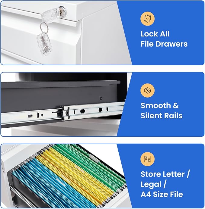 MIIIKO White Filing Cabinet 3 Drawers on Wheels Under Desk, Metal Rolling File Cabinet with Lock for Home Office, Small Mobile File Cabinet for Letter Legal File Folders, Un-Assembled