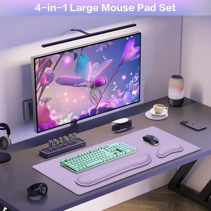 Desk Mat Purple, Large Gaming Mouse Pad with Wrist Rest, 4in1 XXL | Mousepad+Keyboard Wrist Rest+Mouse Pad Wrist Support+Cup Coaster Set Ergonomic Computer Desk Arm Wrist for Decor Office Women