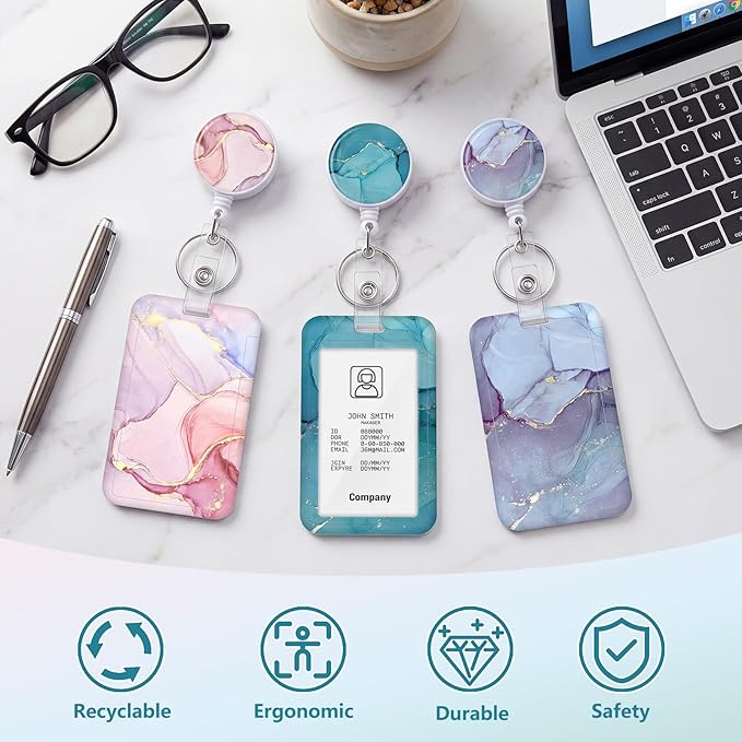 3 Set Heavy Duty Badge Holder with Retractable Reel, Marble Retractable ID Badge Holders with Clip Name Key Card Holder Case for Teacher Nurse Gift for Coworkers