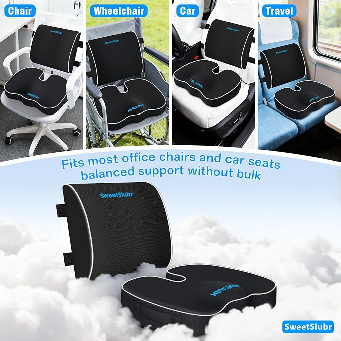 SweetSlubr Memory Foam Seat Cushion & Lumbar Support Pillow Set Black Large | U-shaped Cushion Design, Washable Mesh Cover, Adjustable Straps, Non-slip Base, Office Chair and Car Seat Use