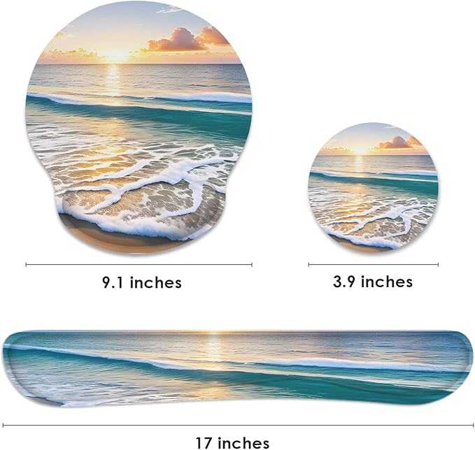 Ergonomic Mouse Pad Set with Wrist Rest, Beach Summer Sun | Non-Slip Rubber Base Wrist Cushion Support and Coasters Mousepad with Wrist Support for Computer Keyboard