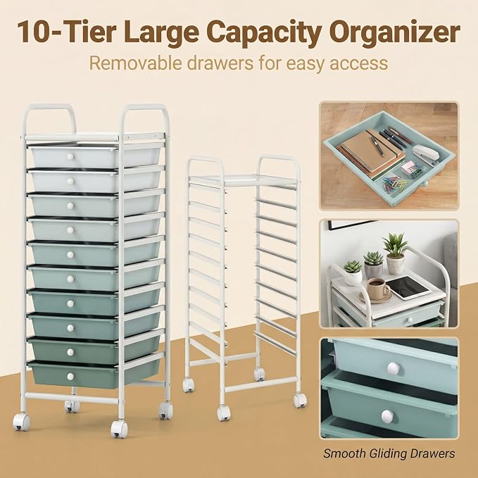 COSTWAY 10-Drawer Rolling Storage Cart, Utility Mobile Trolley | Removable Drawers & Universal Casters & 2 Brakes, Versatile Flexible Drawer Organizer Cart for Home, Office (Green Gradient)