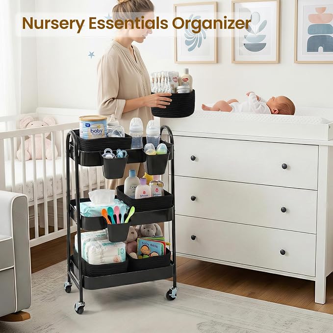 3-Tier Rolling Utility Cart with 4 Woven Baskets, Diaper Book Snack Cart, Storage Organizer for Nursery, Kitchen, Craft Room, Home SPA, Living Room, Metal Frame Trolley on Lockable Wheels, Black