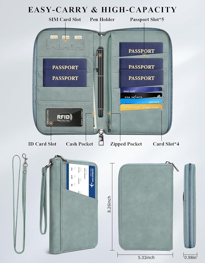 Family Passport Wallet, RFID Travel Document Organizer for Women Men, Portable Passport Holder with Wrist & Neck Strap, Travel Essentials Gifts (Misty Blue, 1pack)