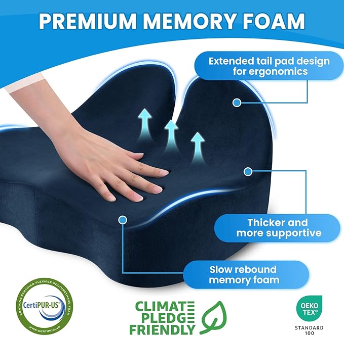 Seat Cushion, Memory Foam Office Chair Seat Cushion for Office Chairs/Car/Long Trip/Desk Chair/Gaming, Extra Large Size for Sciatica & Hip & Tailbone Pain Relief, Sciatica Support (Blue)