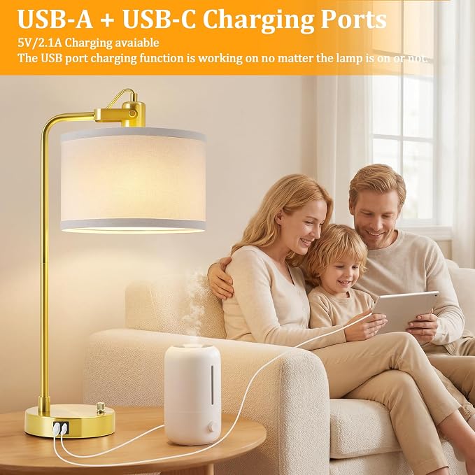 24‘’ Gold Table Lamp Set of 2 with USB A and C Ports, 180° Adjustable Stepless Dimming Bedside Lamps for Night Stands, E26 Bare Bulb Compatible, Industrial Nightstand Lamp, 9W LED Bulb Included
