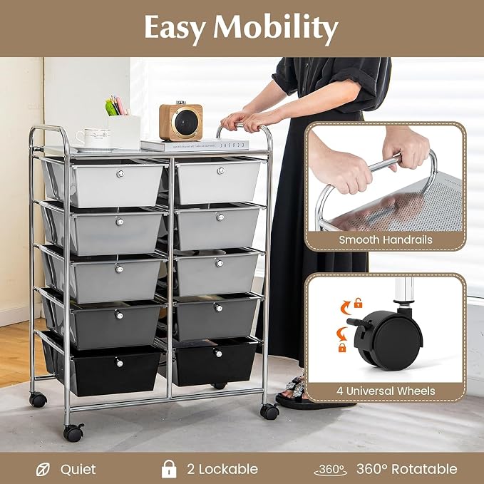 10 Drawer Rolling Cart, Storage Cart Organizer on Wheels, Drawer Cart with Metal Frame & Large Storage Capacity, Rolling Cart with Drawers for Living Room Classroom, Office