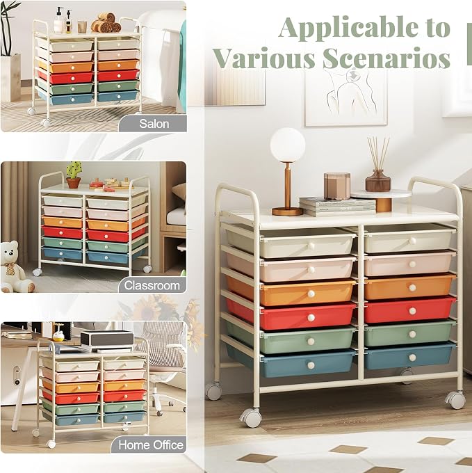 COSTWAY 12-Drawer Rolling Storage Cart, Utility Storage Organizer Cart | For Tools, Scrapbook, Paper, Craft, Multipurpose Art Supply Organizer on Wheels for Home Office School, Teacher, Macaron