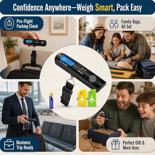 Digital Luggage Scale, Backlit LCD, 110lb, Hook | Handheld hanging suitcase scale, tare function, auto shut-off, battery included, 2 bonus luggage tags, secure locking hook