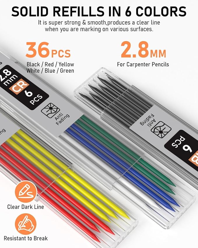 Nicpro 5 Pack Carpenter Pencil with Sharpener, Mechanical Carpenter Pencils | 41 Refills, Construction Pencil Heavy Duty Woodworking Pencils for Architect Marking (Red, Black, Orange, Blue, Black)