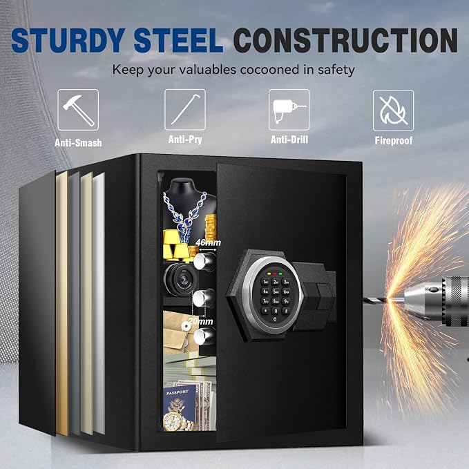 2.5 Cu Ft Large Safe Box,Fire Proof Safe with External Battery Box | Steel Security Box with Digital Electronic Keypad, Removable Shelf Safety Lock Box for Office Documents Money Jewelry Gun