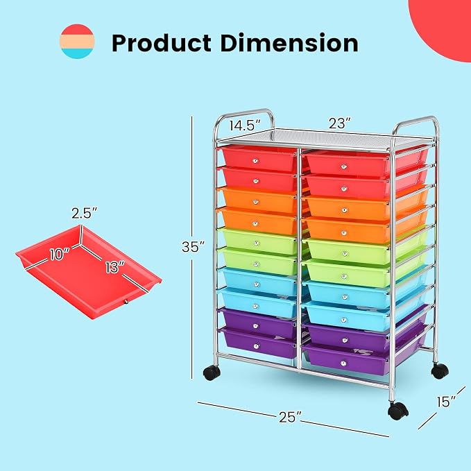 COSTWAY 20-Drawer Rolling Storage Cart, Utility Storage Organizer Cart | For Tools, Scrapbook, Paper, Craft, Multipurpose Storage Trolley on Wheels for Home Office School (Multicolor)