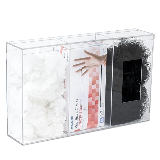 IneVibe 3 Compartment Hygiene Holder with Lid for Home or Office (Triple) | Triple Acrylic Dispenser For Hairnets, Glove Boxes, Face Masks, Plastic Bags, Tissue Boxes, Medical- Countertop or Wall Mount