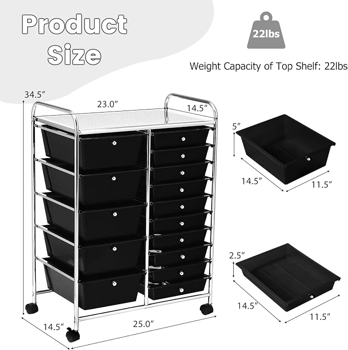 GLACER 15 Drawers Rolling Storage Cart, Steel Frame Craft Organizer Cart | Utility Cart w/Lockable Wheels & Sleek Handle, Mobile Art & Tool Supply Trolley for Teacher, Home, School, Office (Black)