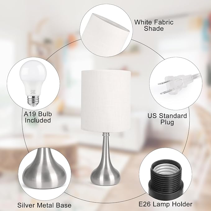 Touch Control Table Lamp, 3 Way Dimmable Simple Night Light Lamp with White Lampshade Silver Metal Base, Small Bedside Table Lamp for Bedroom, Office, Dorm, A19 9W 3000K Bulb Included