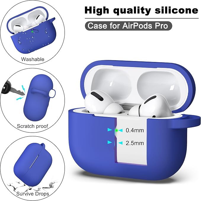 R-fun for AirPods Pro 2 Case, Soft Silicone Protective Cover with Keychain and Cleaning Pen, Compatible with AirPods Pro 2nd/1st Generation, Supports Wireless Charging, Blue