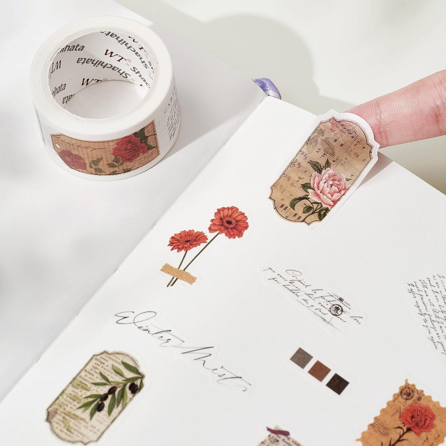 WT Seasonal Splendor Washi Tape Sticker Set, 5 Rolls, Original Designs, Vintage Watercolor Floral Design, Adhesive Stickers for Junk Journals, Scrapbooks, Bujo, Planners, DIY Crafts