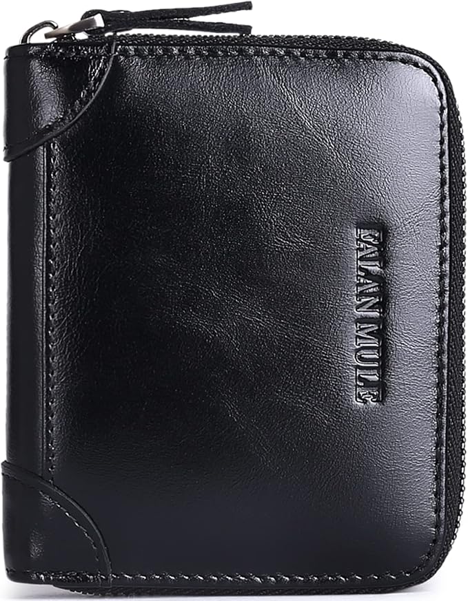 Wallets For Men Genuine Leather Short RFID Blocking Zip-around Bifold Wallet（Black）