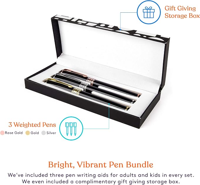 Special Supplies 3 Pack Weighted Pens for Hand Tremors, Low Dexterity, Poor Grip Strength, and Parkinson’s Patients, Storage Box and 3 Ink Refills Included