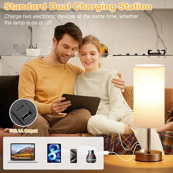 Dicoool Bedside Table Lamp for Bedroom - 3-Way Dimmable Touch Lamp, USB A+C | LED Bulb Included, 14" Small Nightstand Lamp for Desk, Living Room, Guest Room, Beige Fabric Lampshade, Brown Metal Base