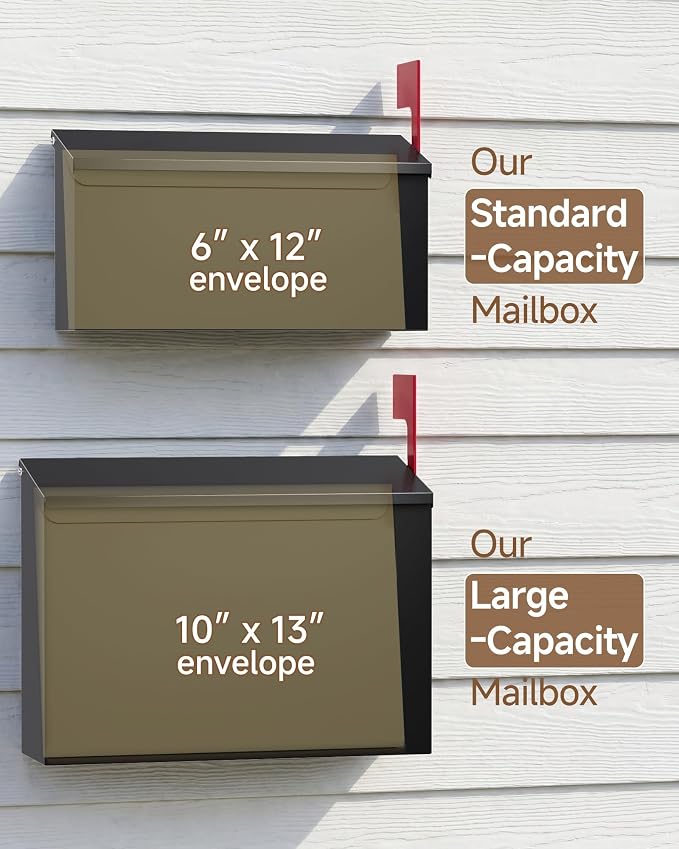 Wall-Mount Mailbox for Outside, Large Capacity Rust-Proof Mail Box with Stay-Open Lid & Red Flag Kit, Galvanized Steel Weather-Resistant Post Box for House Outside, 10.5"x4.3"x14.2", Black