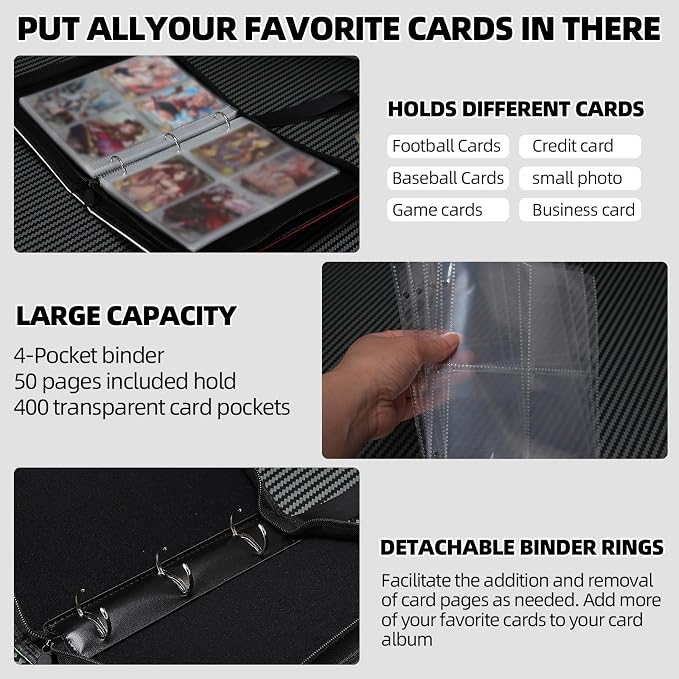Collectible Trading Card Albums,4 Pocket Card Binder, 400 Double Sided Pocket PU Premium Zip Trading Collection Binderwith 50 Removable Sleeves, Card Folder forTCG, Sports Cards (Pink-01)