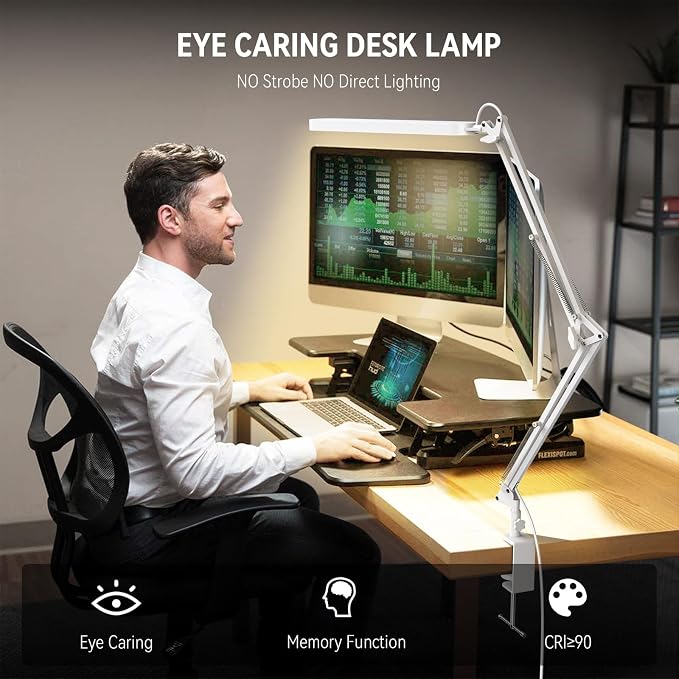 Led Desk Lamp - 31.5" Desk Light - 5 Color Modes X 11 Brightness Levels - Adjustable Swing Arm - Timmer & Memory Function - 12W Study Lamp - White