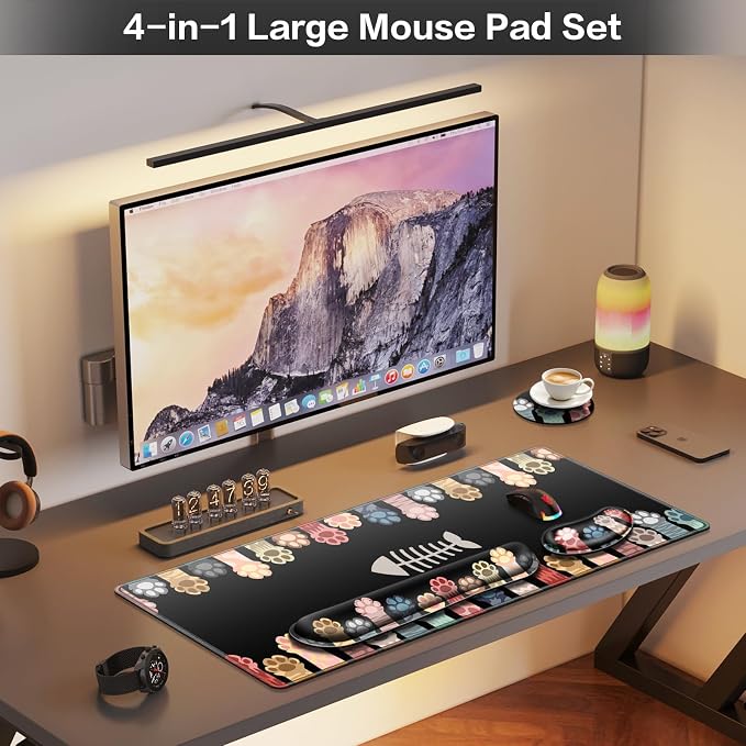 Desk Mat, Large Gaming Mouse Pad with Wrist Rest, 4 in1 | XXL Mousepad+Keyboard Wrist Rest+Mouse Pad Wrist Support+Cup Coaster Ergonomic Computer Desk Arm Wrist for Decor Office Women