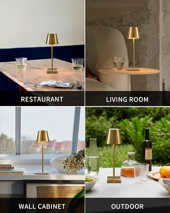 KDG 2 Pack Cordless Gold Table Lamps, Rechargeable Portable LED Desk Lamps | 4000mAh Battery Operated 3 Color Stepless Dimming Up for Restaurant, Bedroom, Outdoor Party, Camping, Coffee Shop, Nightlight