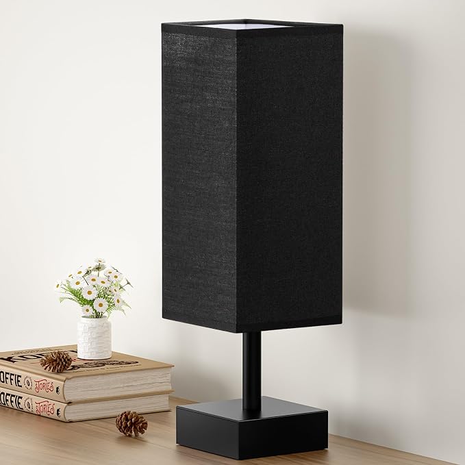 aooshine Small Bedside Table Lamp for Bedroom - Square Black Fabric Shade | Inline Rocker Switch, Corded Electric, Bulb Not Included, 12.8" Mini Table Lamp for Nightstand, Desk, Dorm, Office