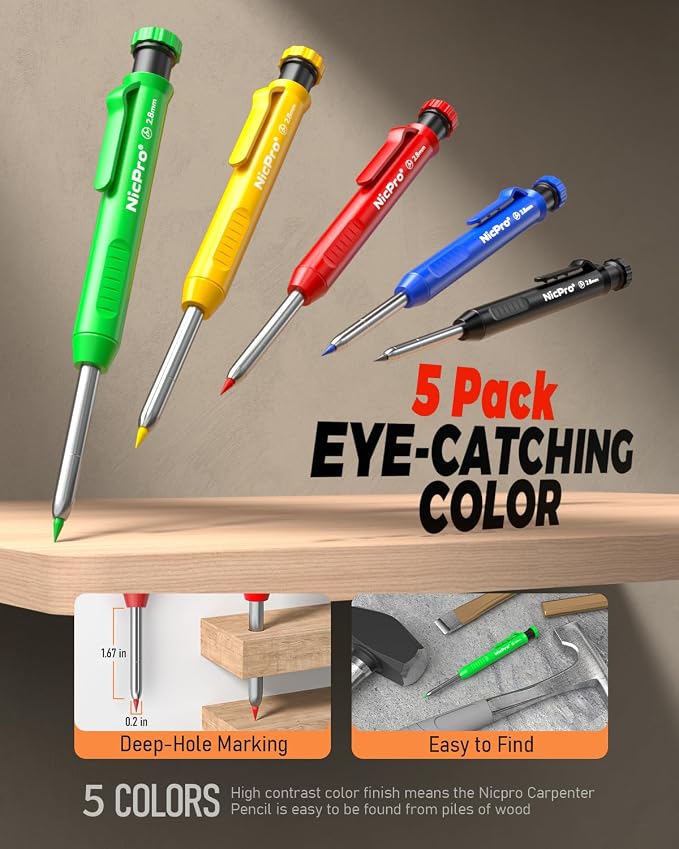 Nicpro 5 Pack Carpenter Pencil with Sharpener & Holster, Carpenter Tools | Mechanical Carpenter Pencils with 53 Refills, Heavy Duty Construction Pencil, Comfort Grip Woodworking Pencils for Architect