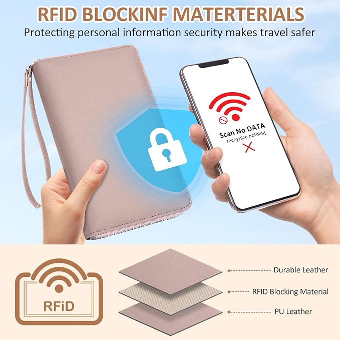 RFID Passport Holder for Travel Family with Coin Pocket, Pink | Leather Passport Cover for 2, Travel Document Organizer with Wrist Strap & 24 Card Slots, for Women Men