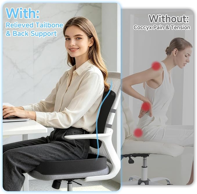 Seat Cushion &Office Chair Cushion,Lumbar Support Pillow for Office Chair,Ergonomic Memory Foam Non-Slip Office Chair Cushion,Back Support Cushions for Tailbone&Sciatica Pain Relief Black
