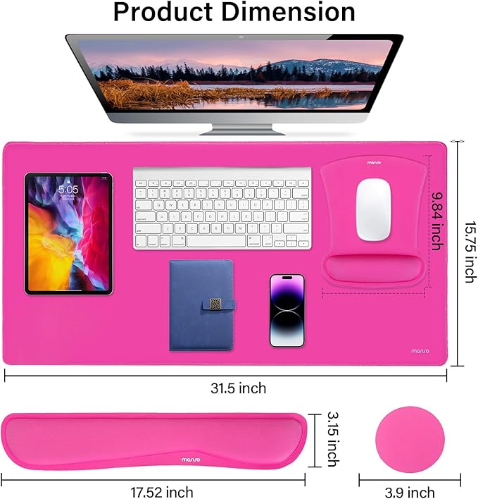 MOSISO Keyboard Mouse Pad Set, Large Gaming Mousepad&Keyboard Wrist Rest&Mouse Wrist Rest&Coaster, Ergonomic Non-Slip Mousepad&Easy Typing Cushion with Memory Foam for Home Office, Bright Rose