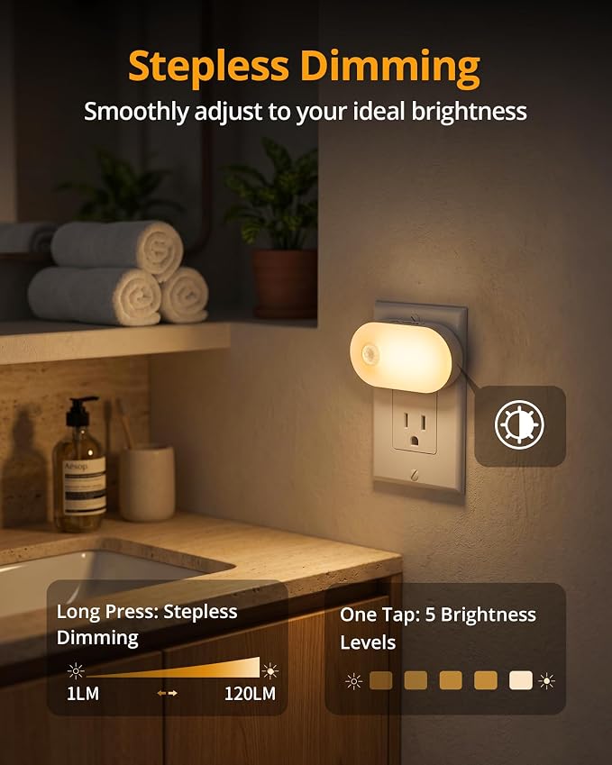 Lyridz Plug in Night Light with Motion Sensor, 120LM Superior Bright Smart Mini LED Nightlight, Warm White with Stepless Adjustable Brightness for Bathroom, Bedroom, Kitchen, Stairs, Hallway, 2 Pack
