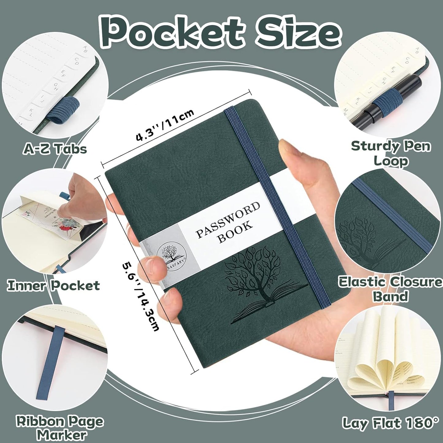 DAOFARY Password Book with Alphabetical Tabs - Small Password Keeper Book (5.6 * 4.3 in) with Inner Pocket, Hardcover Password Keeper Notebook for Log Internet Website Information (Lake Blue)