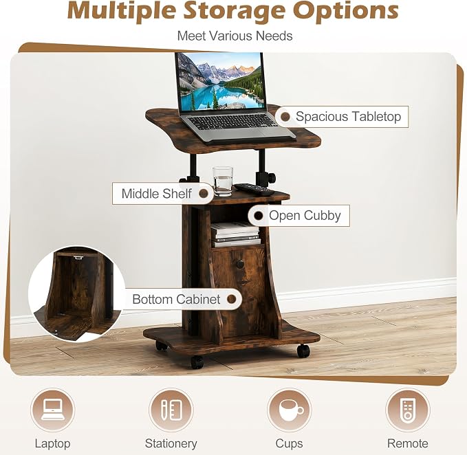Tangkula Rolling Lectern Podium Stand, Height Adjustable Laptop Table with Tilting Tabletop & Storage Shelves, Compact Standing Desk with Lockable Casters for Home Office School (Rustic Brown)