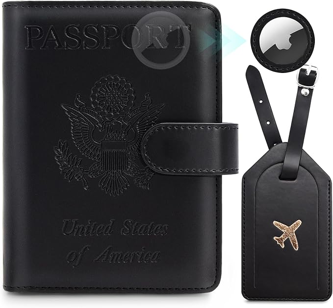 Passport Holder For Travel with Slot for AirTag & Luggage Tag Cover – RFID Blocking Travel Passport Wallet for Women/Men/Family | PU Leather Passport Case with Extra Money Pocket, Black