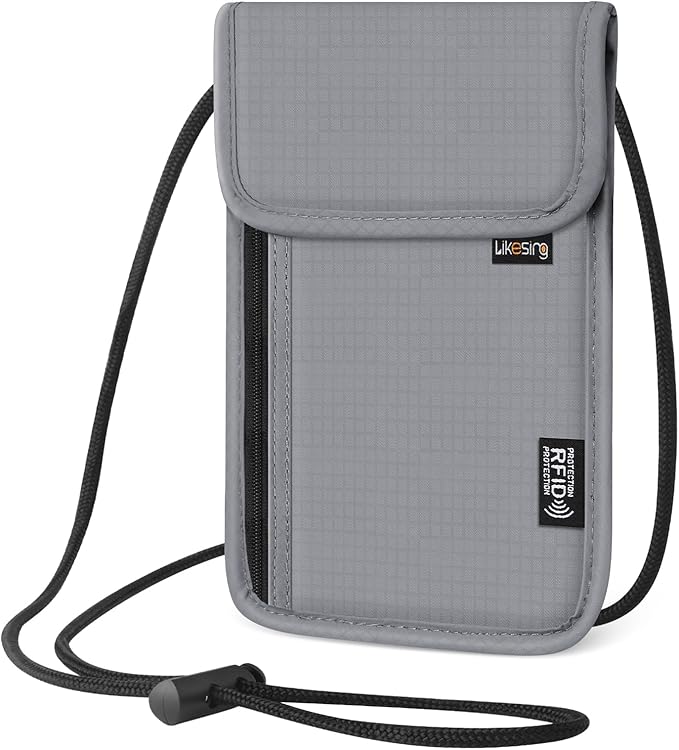 Likesing 5.5" L x 7.9" W Travel Neck Wallet, RFID Passport Pouch-Light Grey | RFID Blocking Passport Holder for Travel, Security Lightweight Passport Travel Wallet, Neck Pouch Gifts for Women Men
