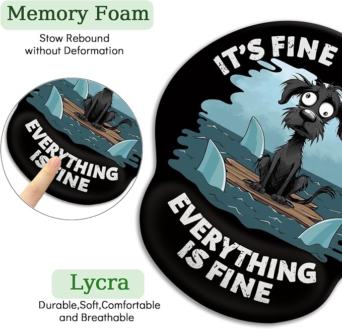 LIMKRIAN Funny Dog Ergonomic Mouse Pad with Gel Wrist Rest, It's Fine | Non-Slip PU Base, Smooth Surface, Cooling Gel Eases Wrist Pain, Comfort Wrist Support, Cute Office Desk Accessories Decor