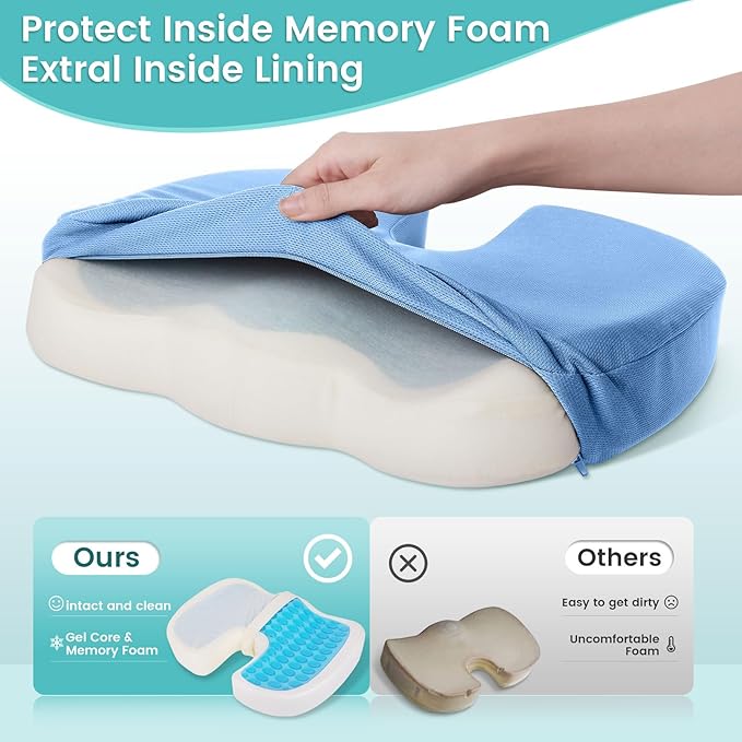 Office Chair Seat Cushion, Cooling Gel Enhanced Memory Foam Cushion for Long Sitting - Back, Sciatica, Coccyx, Tailbone Pain Relief Pillow - for Office, Gaming, Car, Wheelchair - Light Blue, Large