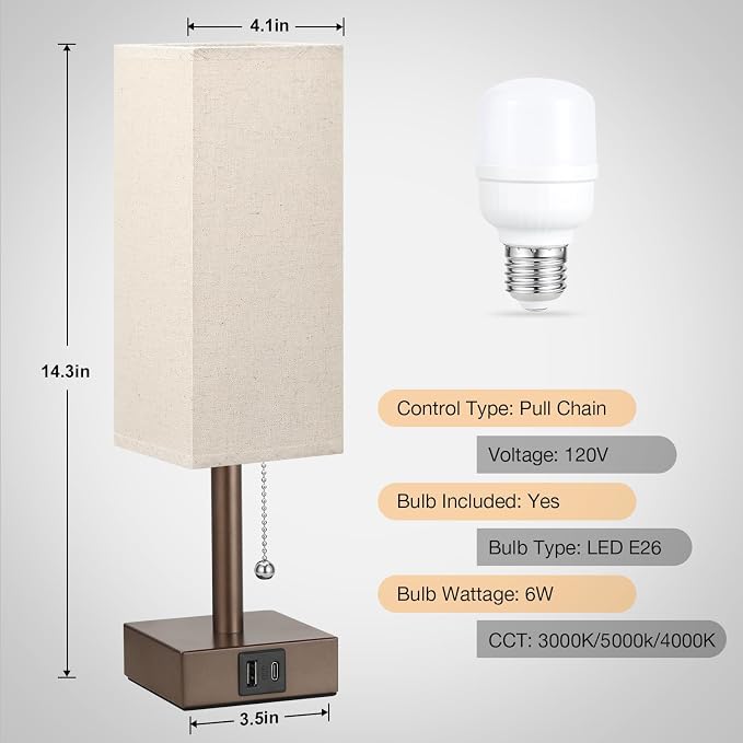 Brown Bedside Table Lamp for Bedroom - Desk Lamp For Nightstand, USB C+A | Pull Chain Lamp, 3 Color Modes(3000K/4000K/5000K), E26 LED Bulb Included, Square Brown Fabric Lampshade, for Read, Work, Dorm