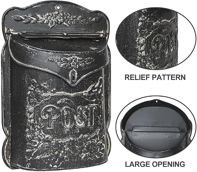 Wall Mount Mailbox for Outside Vintage Mail Boxes for House Outside Metal Door Mailbox Drop Box Antique Style Nostalgic Charm Home Decorative, Flower Pattern, Black