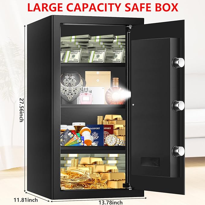 6.2 Cuft Large Home Safes Water and Fireproof with Digital Keypad & Key Lock, Fire Security Safe Box with 3 Removable Shelves, Fireproof Safes for Money Documents Jewelry, 27.56"H x13.78"W x 11.81"D