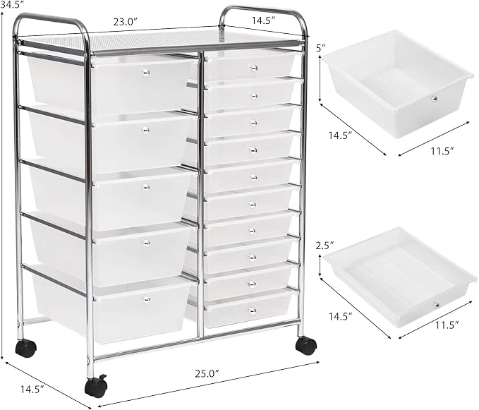 GLACER 15 Drawers Rolling Storage Cart, Steel Frame Craft Organizer Cart | Utility Cart w/Lockable Wheels & Sleek Handle, Mobile Art & Tool Supply Trolley for Teacher, Home, School, Office (Clear)