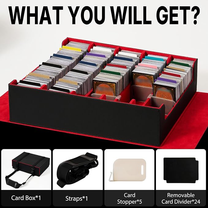 Magnetic Leather Trading Card Storage Box - 5-Row Deck Case Design, 3900+ Capacity for YuGiOh, MTG, TCG and Sports Cards, Includes 24 Colorful Dividers & 5 Card Supports（Black/Red）