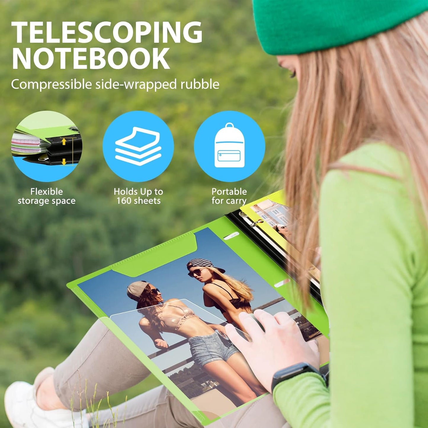 WOT I 1-Pack Telescoping 3 Ring Binder Notebook - Customizable Cover, 5 Dividers & Pocket Folder in One Slim Organizer (60 Sheets Included), Green