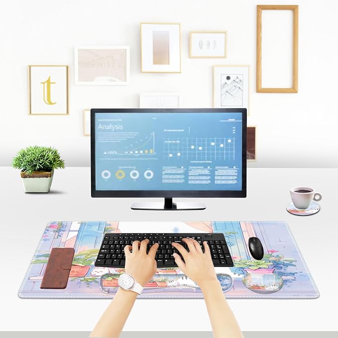 ToLuLu Extended Gaming Mouse Pad, Ergonomic Keyboard Mouse Wrist Rest Set | Large Desk Mat with Stitched Edges, Non-Slip Base Memory Foam Support Mousepad for Home Office and Game, Purple Cute Cat