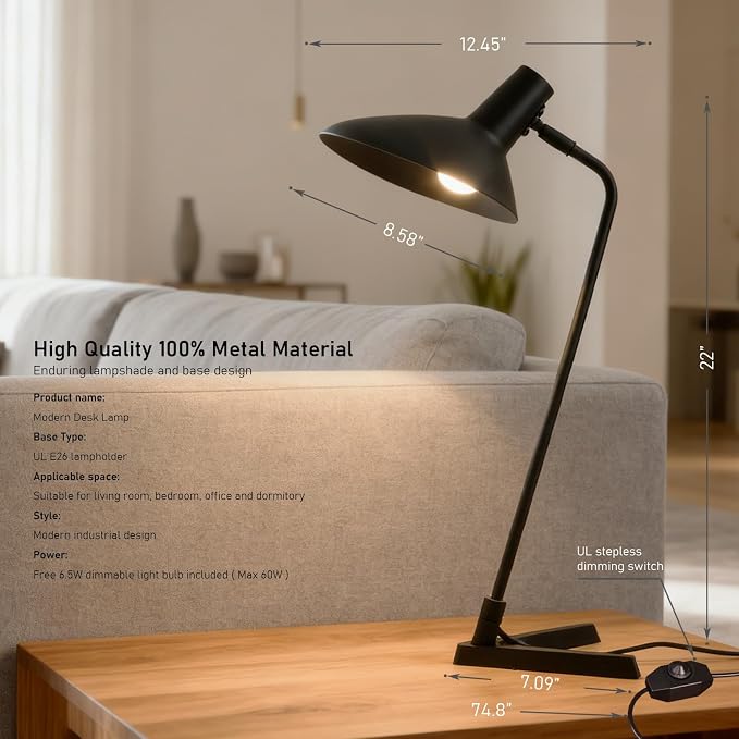 Industrial Desk Lamp Metal Modern Table Lamp 22", Adjustable Neck (4000K) with Adjustable Switch, Ideal for Office Desk Bedroom Bedside Lamps Study Room Living Room Side Table (Sand Black)