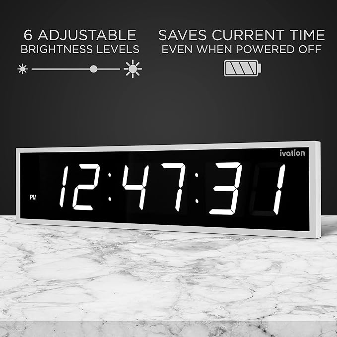 Ivation Oversized 36" Large Digital LED Clock | Big Digital Clock w/Multi-Function Display – Stopwatch, Timer, Alarms, Temp & Date | 6 Brightness Levels, Time Memory & Remote (White)